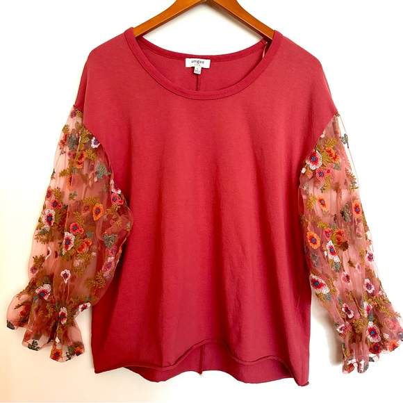 Umgee Tops - Umgee Embroidered Floral Sheer Sleeve Orange Top Shirt Size Large